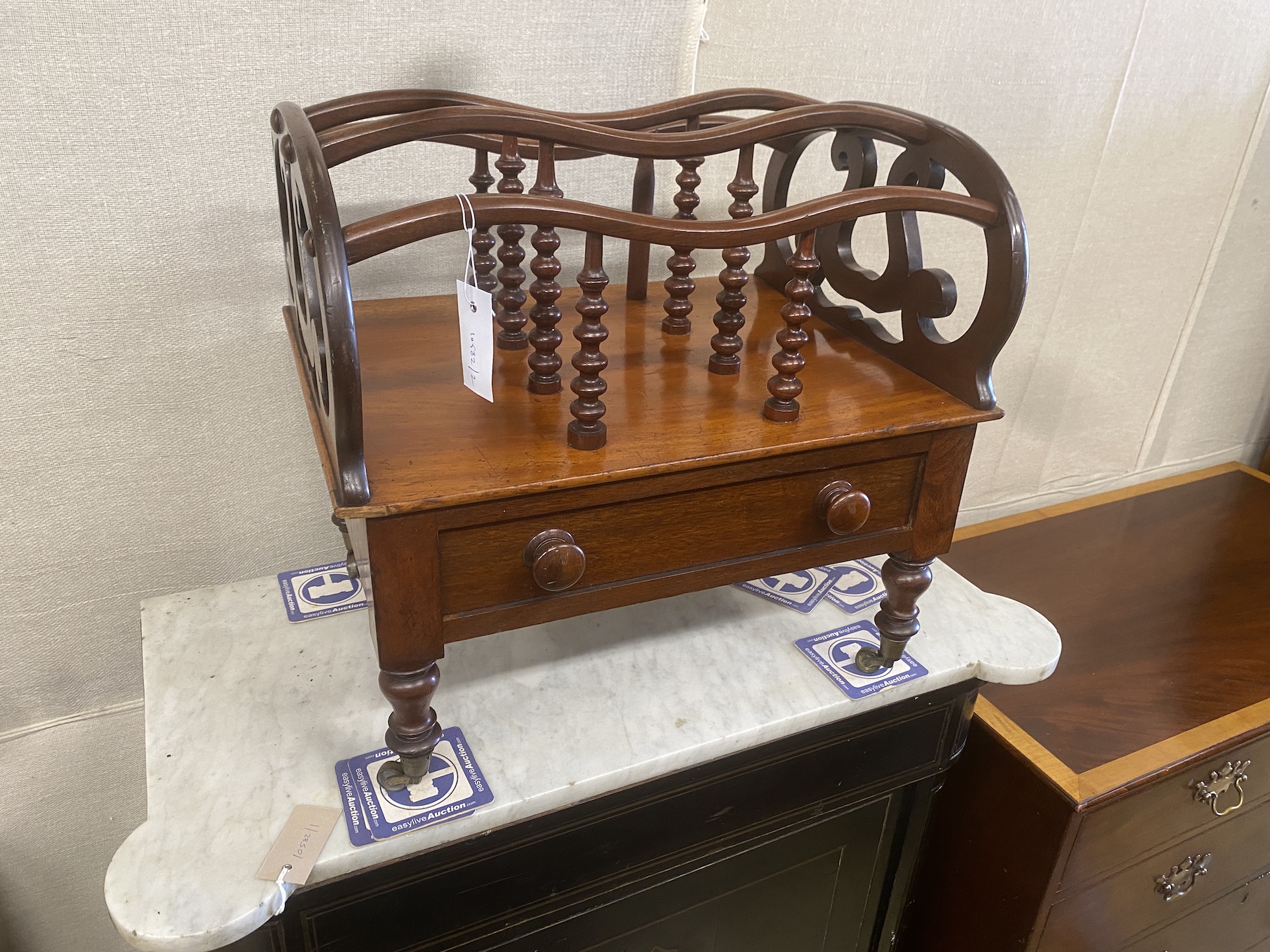 A Victorian mahogany three division Canterbury, width 52cm, depth 40cm, height 48cm